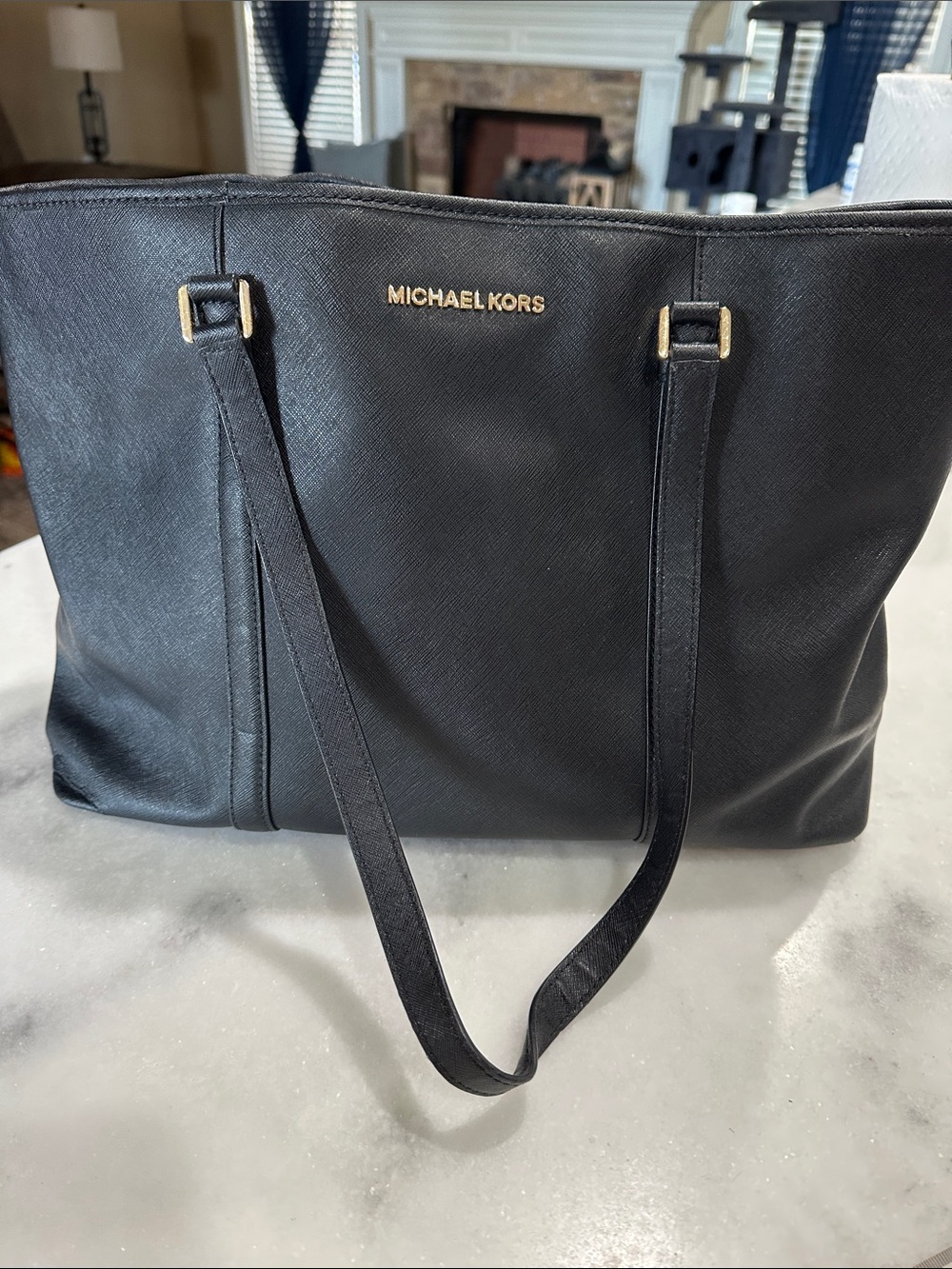 Michael Kors Black Logo Saffiano Tote with Gold Hardware